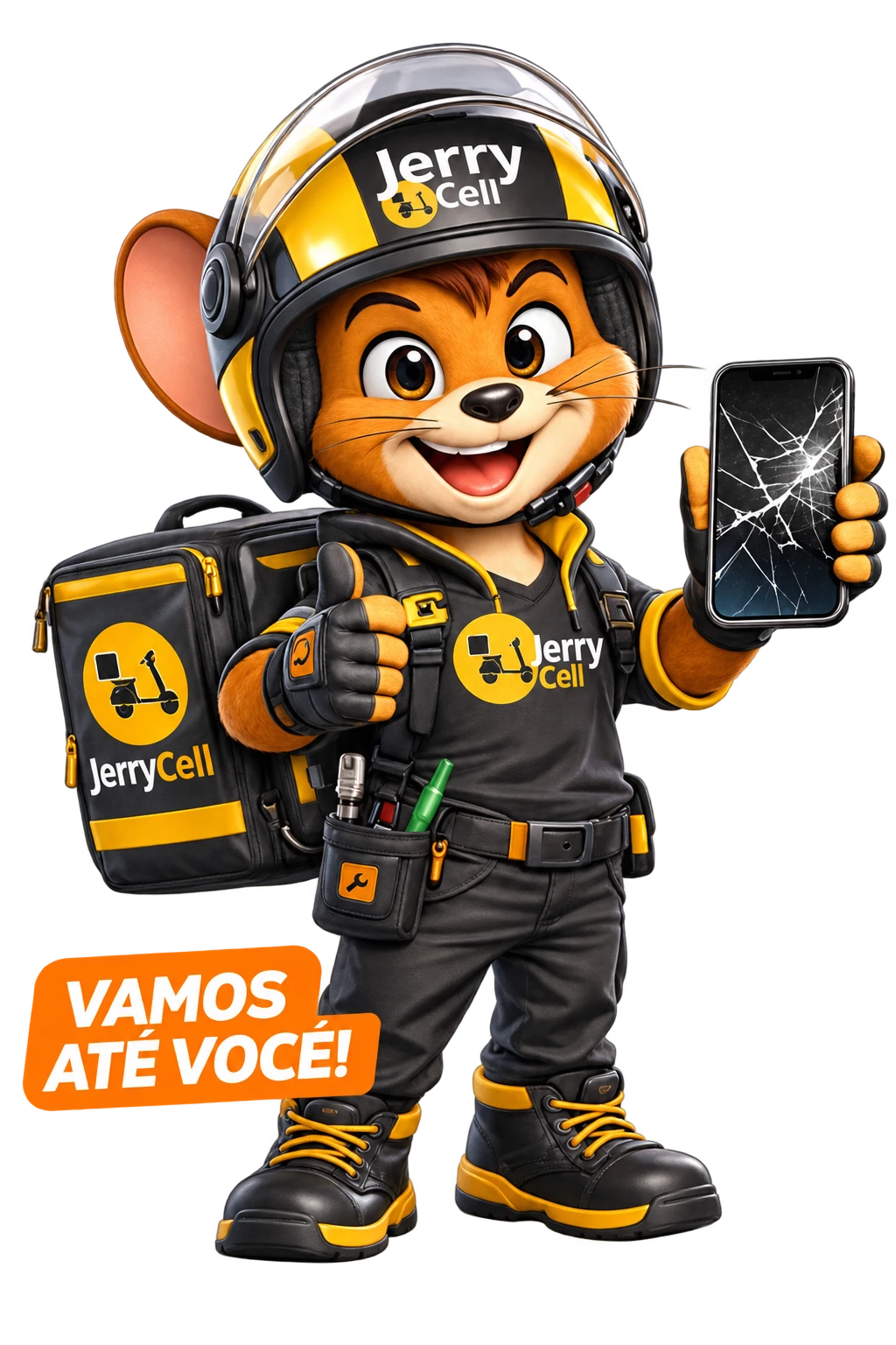 Mascote Jerry Cell com celular e ferramentas de reparo